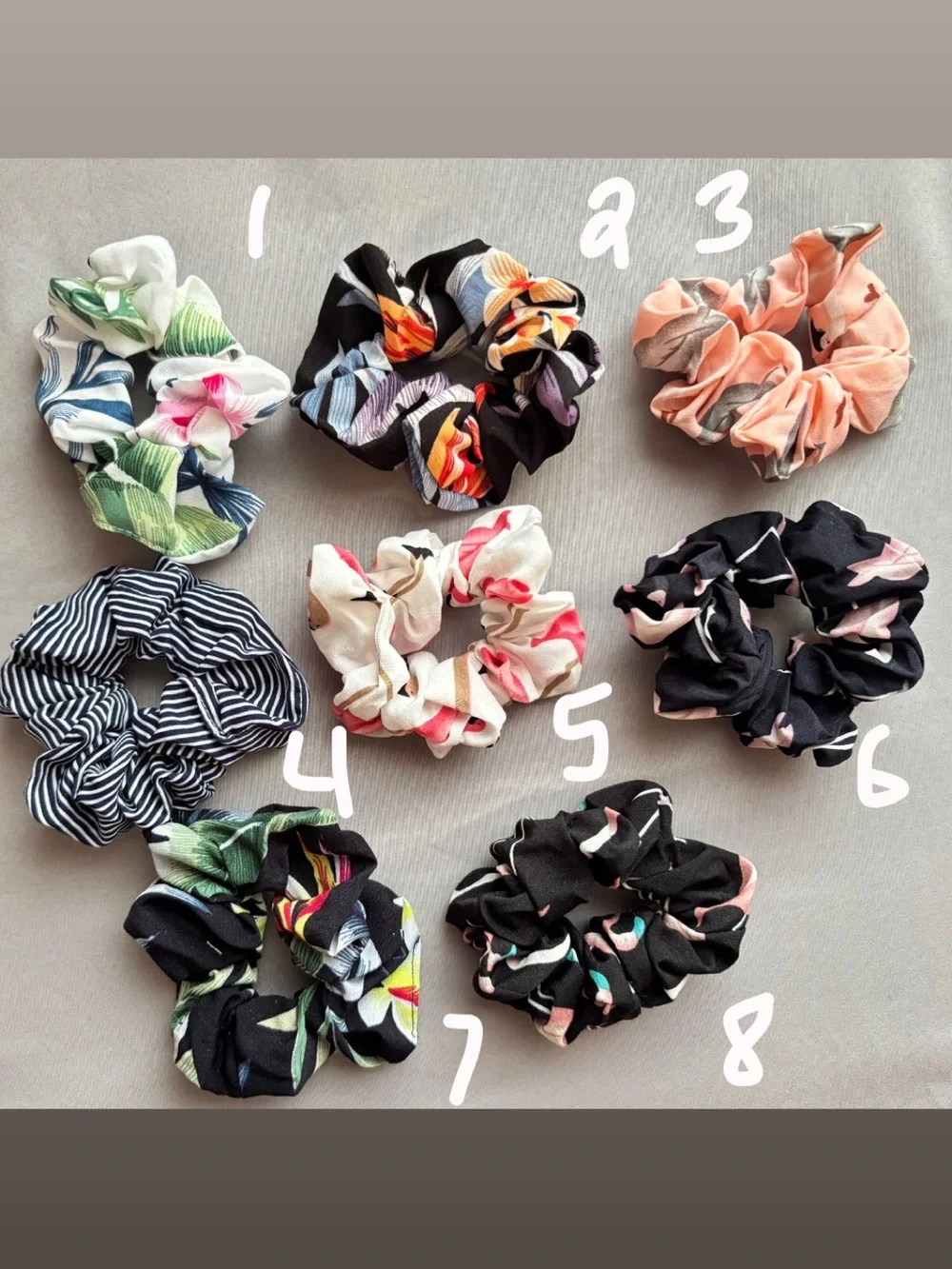 FOR INDIVIDUAL SALE - patterned scrunchies - some with flamingos!